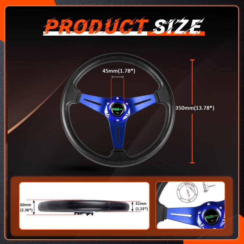 RASTP Universal Racing Steering Wheel 13.8â€/350mm 6 Bolts Grip Vinyl Leather & Aluminum with Horn Button for Car - Blue - Image 5